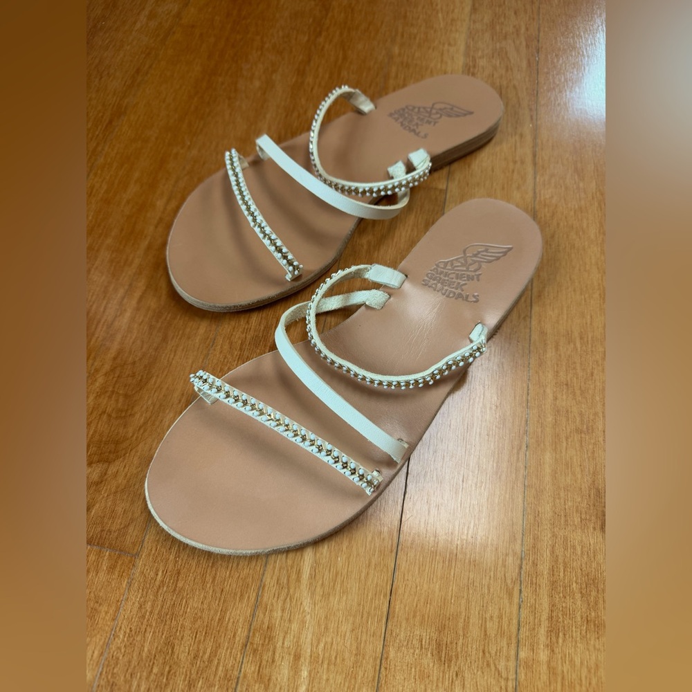 Ancient Greek Sandals Polytimi Bead-Embellished white leather sandals - size 40